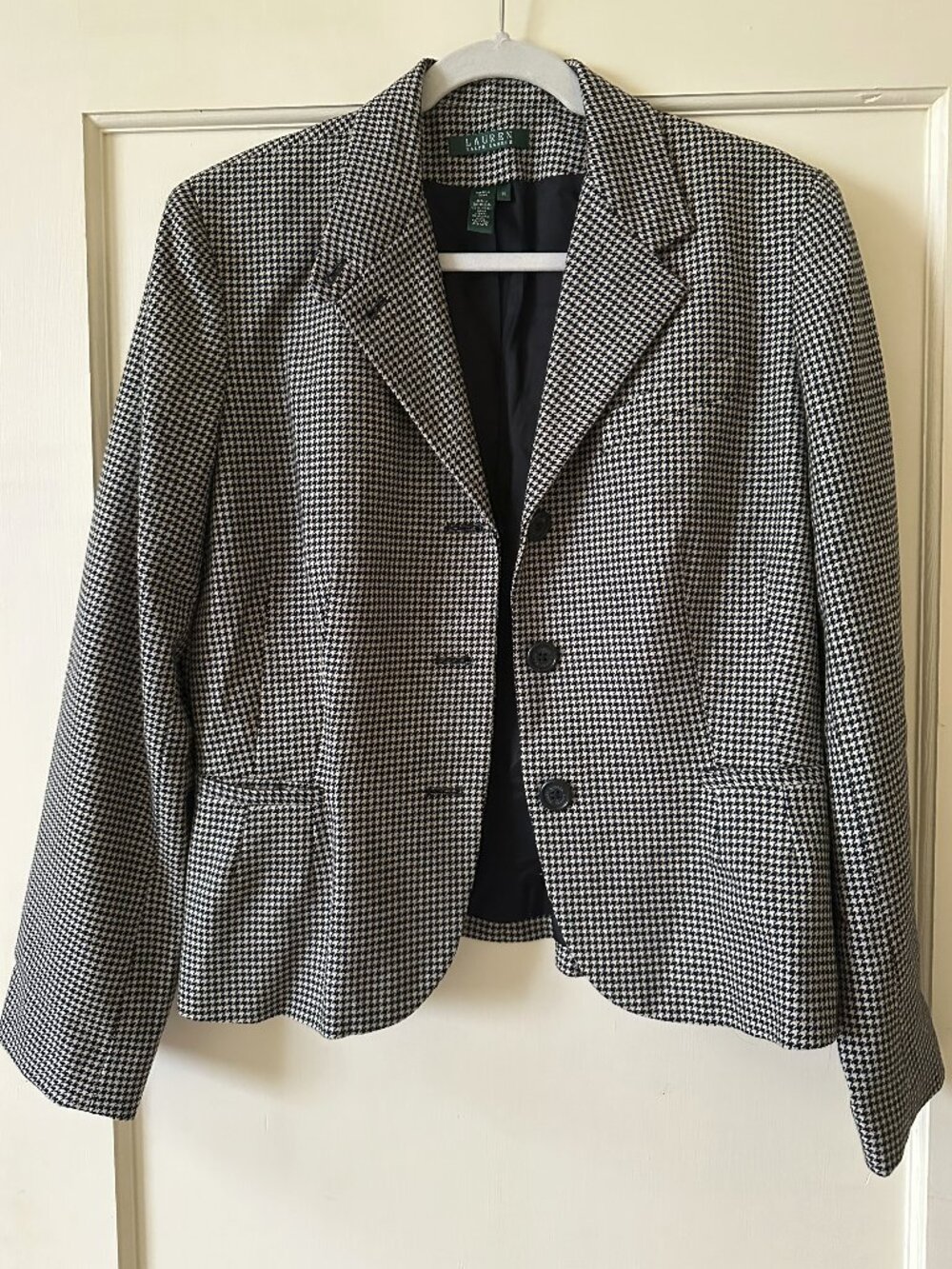 Ralph Lauren Wool Houndstooth Equestrian Jacket Womens 14 Beige Black Blazer